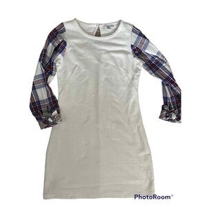 Free Assembly Dress Women's White With Plaid Sleeves‎ Size Extra Small XS